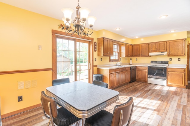 9162 Township Road 169 N, West Liberty, OH 43357 - kitchen with electric stove, exhaust hood, black dishwasher, a chandelier, and a sink
