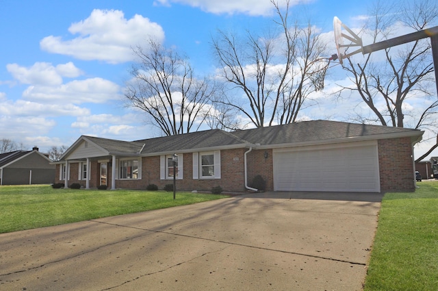 ranch-style house with a garage and a front yard