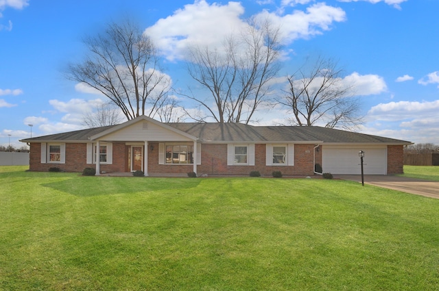 single story home with a garage, a porch, and a front yard