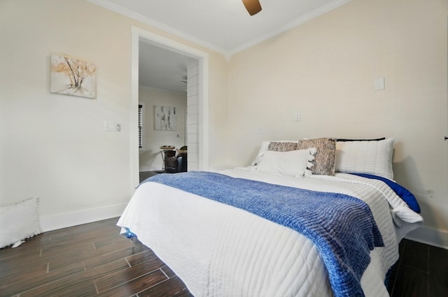 bedroom with ceiling fan, baseboards, ornamental molding, and wood finished floors