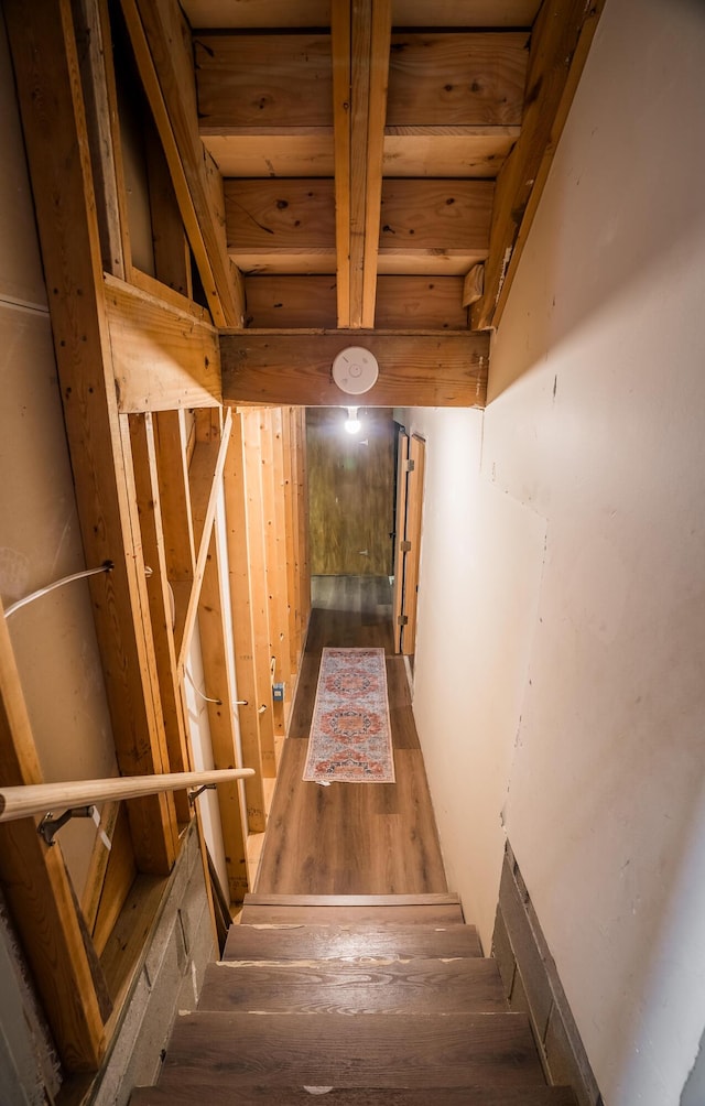 stairs featuring hardwood / wood-style floors