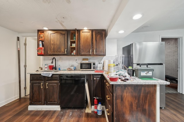 1566 Cora St, Springfield, OH 45503 - kitchen with appliances with stainless steel finishes, open shelves, dark wood-style floors, dark brown cabinetry, and a sink