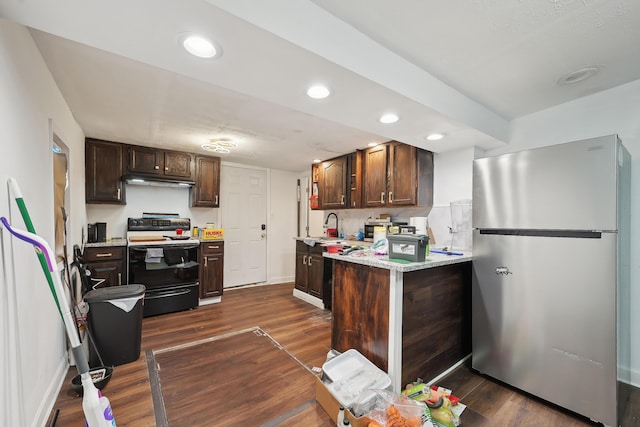 1566 Cora St, Springfield, OH 45503 - kitchen with freestanding refrigerator, electric range, dark wood finished floors, dark brown cabinetry, and recessed lighting