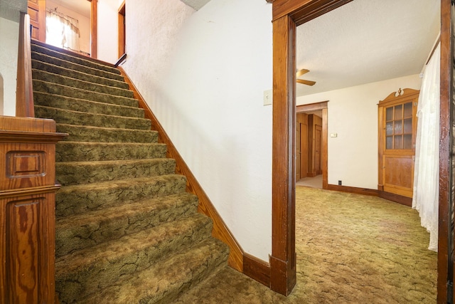 312 E Buckeye St, Belle Center, OH 43310 - staircase featuring carpet, baseboards, and a ceiling fan