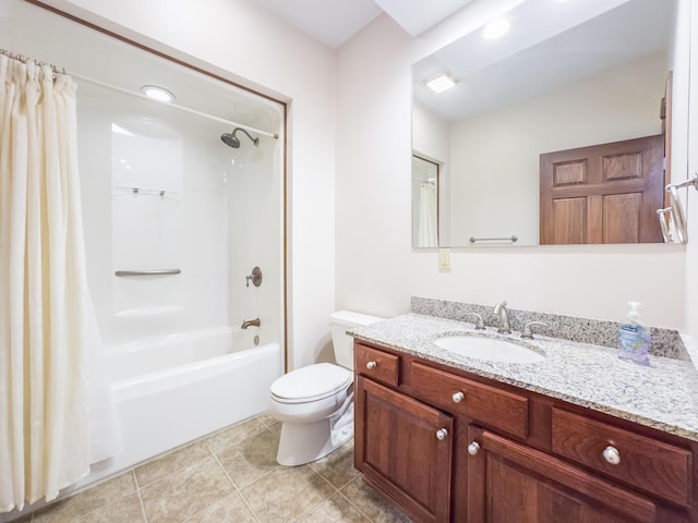 full bath featuring shower / bath combo, vanity, tile patterned flooring, and toilet
