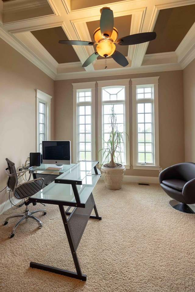 429 Braytonburne Dr, Springfield, OH 45503 - office area featuring coffered ceiling, ornamental molding, plenty of natural light, carpet floors, and ceiling fan