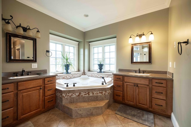 429 Braytonburne Dr, Springfield, OH 45503 - full bathroom with two vanities, a garden tub, crown molding, and tile patterned floors