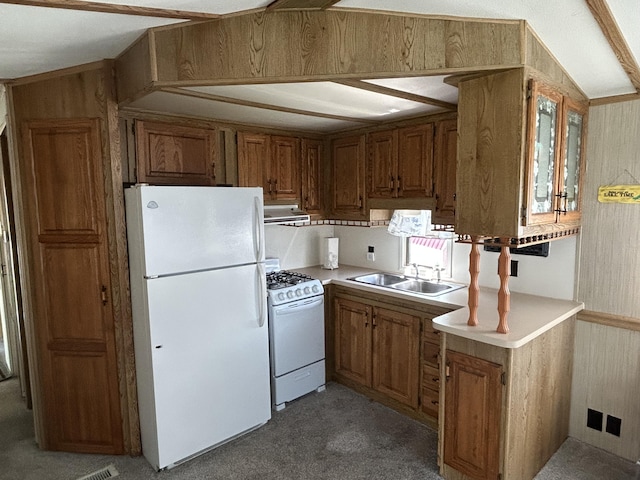 11240 Mohawk Path, Lakeview, OH 43331 - kitchen featuring white appliances, light countertops, brown cabinets, light colored carpet, and wooden walls