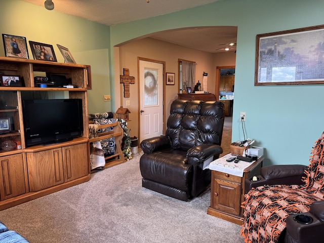 5062 Mercer Van Wert County Line Rd, Rockford, OH 45882 - living room featuring arched walkways, carpet floors, and ceiling fan
