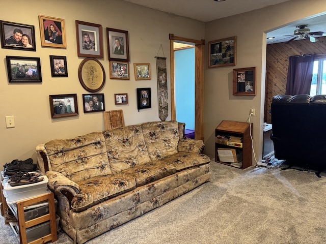 5062 Mercer Van Wert County Line Rd, Rockford, OH 45882 - carpeted living area with ceiling fan and wood walls