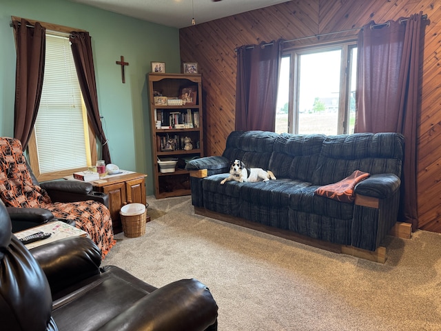 5062 Mercer Van Wert County Line Rd, Rockford, OH 45882 - carpeted living room featuring wooden walls and a ceiling fan