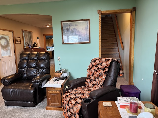 5062 Mercer Van Wert County Line Rd, Rockford, OH 45882 - living room featuring carpet, stairway, and ceiling fan