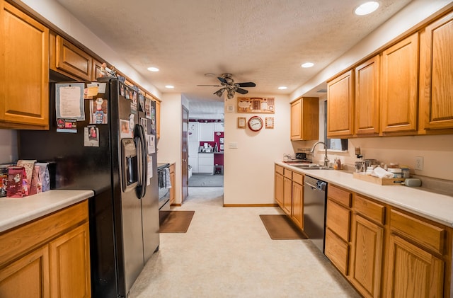 kitchen with dishwashing machine, recessed lighting, a sink, a ceiling fan, and black fridge with ice dispenser