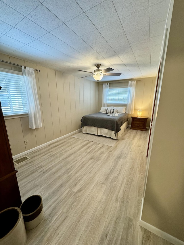 bedroom with ceiling fan and light wood-type flooring