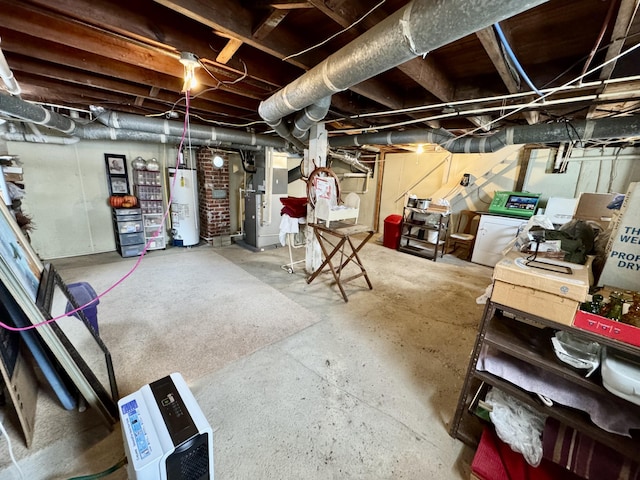 basement with heating unit and water heater