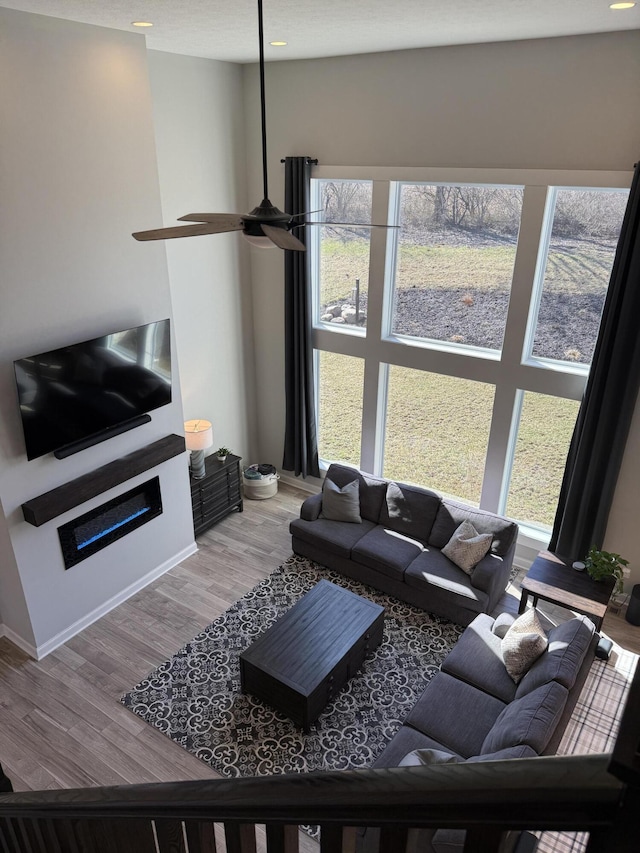 living area with wood finished floors and a glass covered fireplace