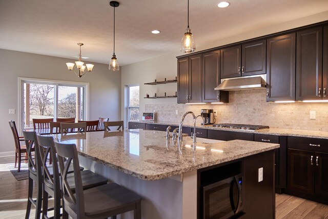 kitchen with backsplash, open shelves, appliances with stainless steel finishes, under cabinet range hood, and light wood-style floors