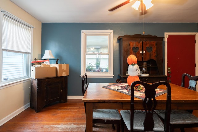 dining room featuring wood-type flooring and ceiling fan