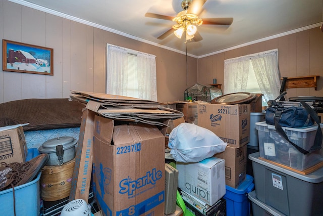 storage room with ceiling fan