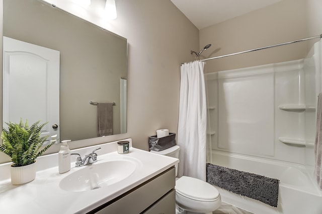 full bathroom featuring vanity, toilet, and shower / bathtub combination with curtain