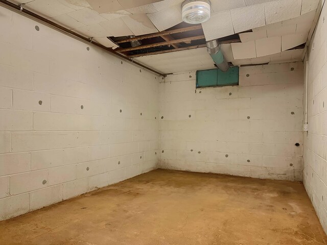 unfinished basement featuring concrete block wall