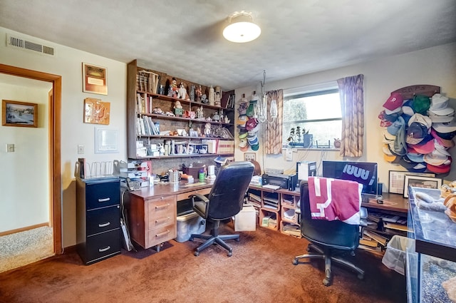 office with baseboards, visible vents, and carpet floors