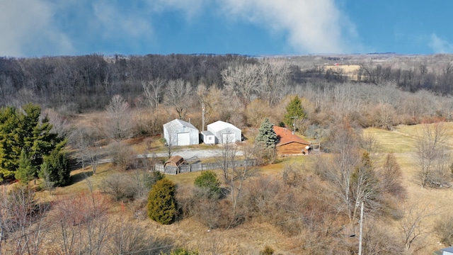 drone / aerial view with a wooded view