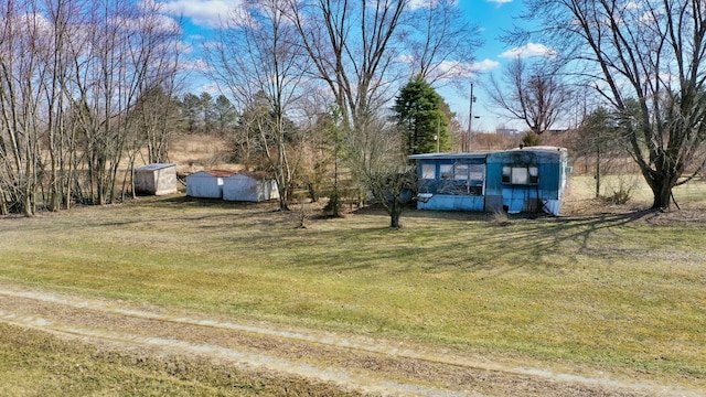 view of yard featuring an outdoor structure and a storage unit