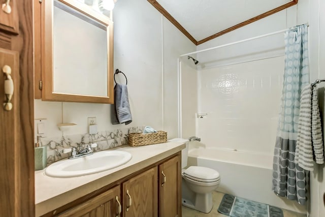 bathroom with toilet, vanity, shower / tub combo, and ornamental molding