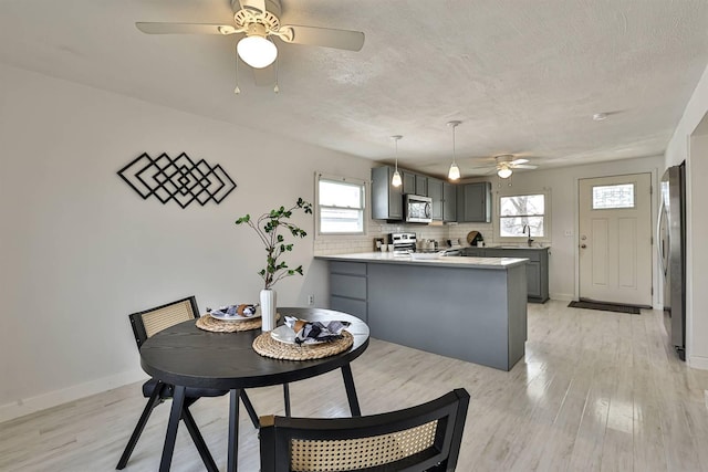 dining room featuring light wood-style floors, a ceiling fan, baseboards, and a textured ceiling