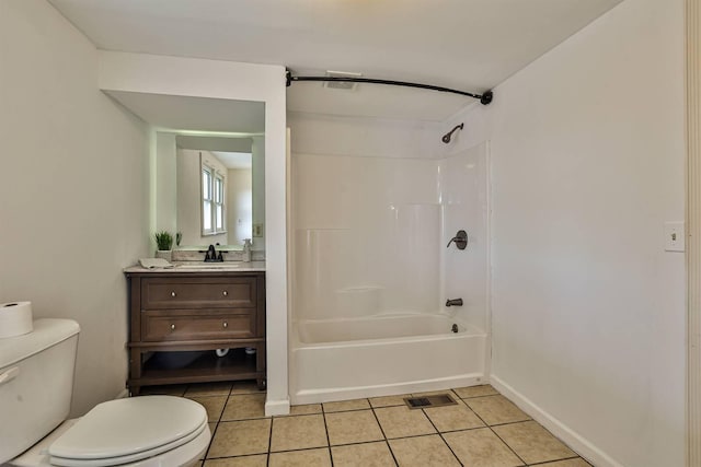 bathroom featuring visible vents, toilet, vanity, shower / tub combination, and tile patterned floors