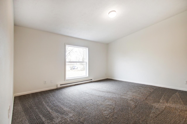 unfurnished room featuring baseboards, dark carpet, and baseboard heating