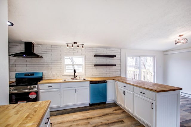 kitchen with butcher block countertops, stainless steel range with electric cooktop, a sink, and wall chimney range hood