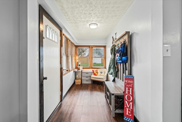 mudroom with dark wood finished floors, a textured ceiling, and baseboards