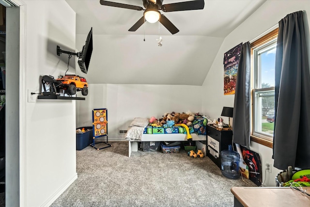 rec room featuring visible vents, lofted ceiling, a ceiling fan, carpet, and baseboards