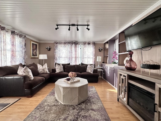 living room with ornamental molding and light wood-type flooring