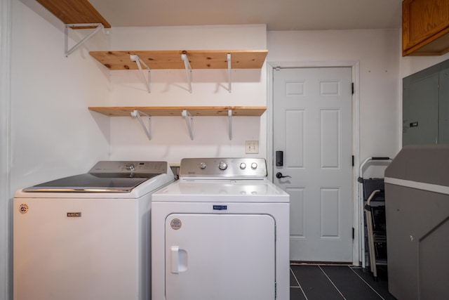 4100 Joshane St, Springfield, OH 45502 - washroom featuring electric panel, dark tile patterned flooring, independent washer and dryer, and cabinet space