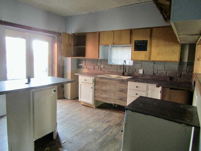 kitchen with backsplash, a sink, and light wood-style flooring