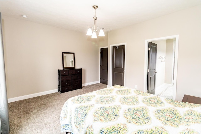 bedroom with a notable chandelier, baseboards, and light colored carpet