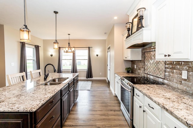 kitchen featuring tasteful backsplash, stainless steel electric range oven, a sink, white cabinets, and wood finished floors