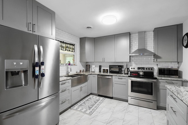1306 Kercher St, Miamisburg, OH 45342 - kitchen featuring stainless steel appliances, wall chimney range hood, gray cabinetry, and a sink