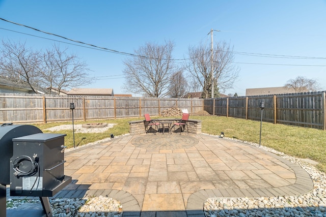 view of patio / terrace with an outdoor fire pit and a fenced backyard