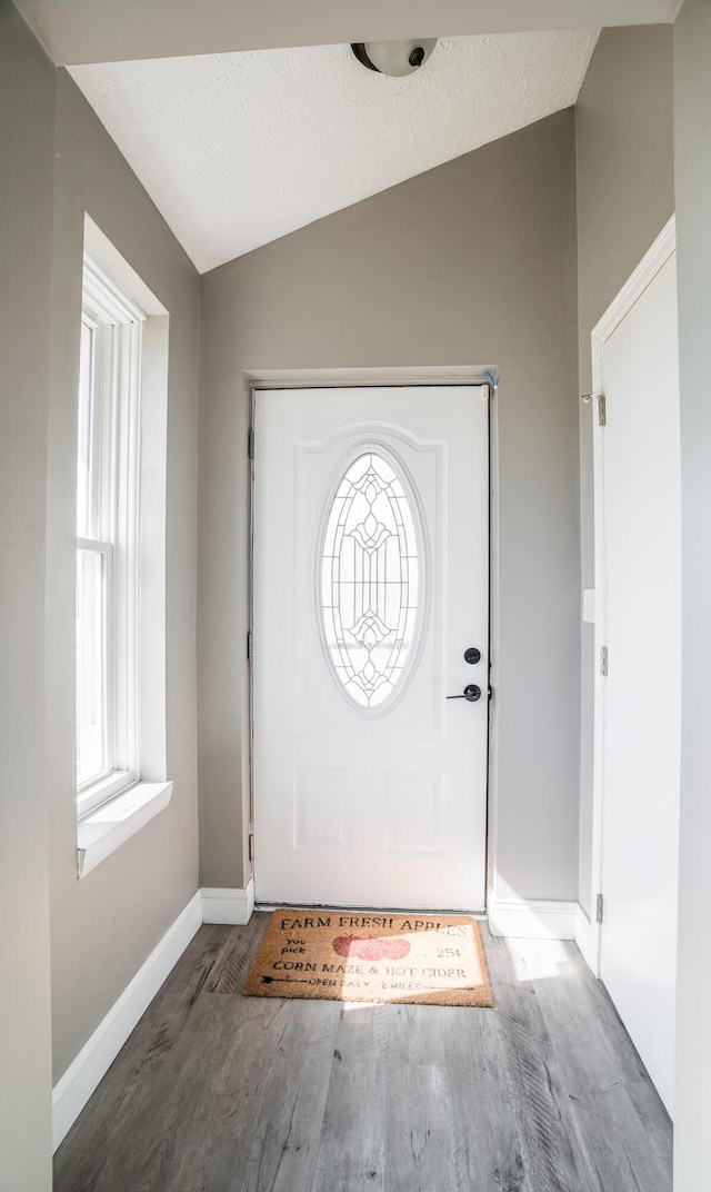 foyer entrance with a wealth of natural light, wood finished floors, and vaulted ceiling