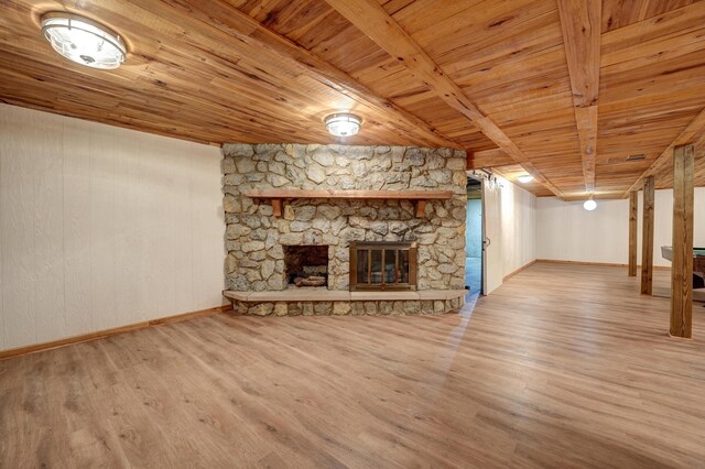 5341 Riffle Rd, Ansonia, OH 45303 - unfurnished living room featuring wooden ceiling, wood finished floors, baseboards, and a fireplace