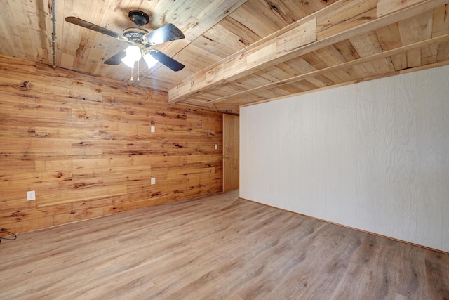 5341 Riffle Rd, Ansonia, OH 45303 - empty room featuring wood ceiling with exposed beams, wood finished floors, a ceiling fan, and wooden walls