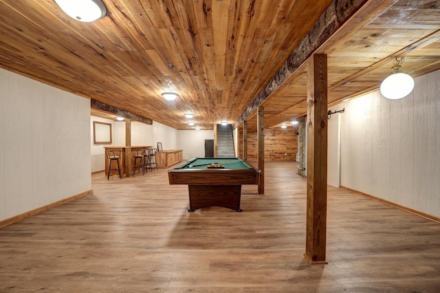 5341 Riffle Rd, Ansonia, OH 45303 - game room with a dry bar, pool table, wood finished floors, wood ceiling, and wood walls