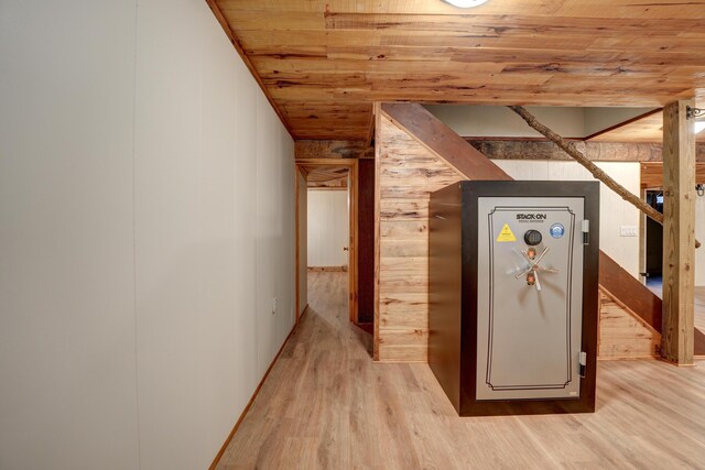5341 Riffle Rd, Ansonia, OH 45303 - corridor featuring wood ceiling, light wood-type flooring, and wood walls