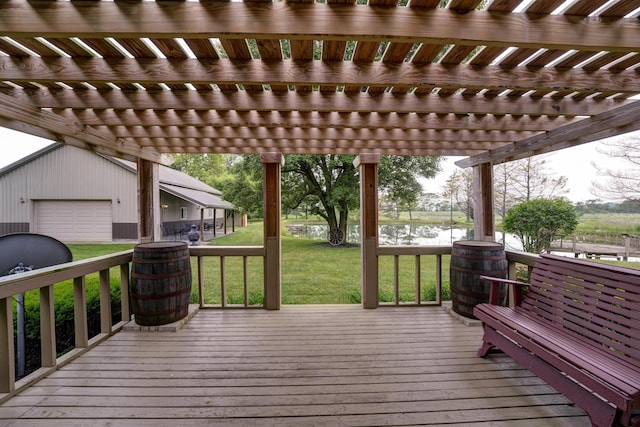 5341 Riffle Rd, Ansonia, OH 45303 - wooden deck with a pergola, a lawn, and a water view