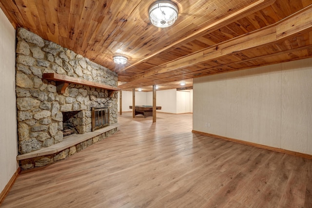 5341 Riffle Rd, Ansonia, OH 45303 - unfurnished living room featuring wooden ceiling, baseboards, light wood-style floors, and a fireplace