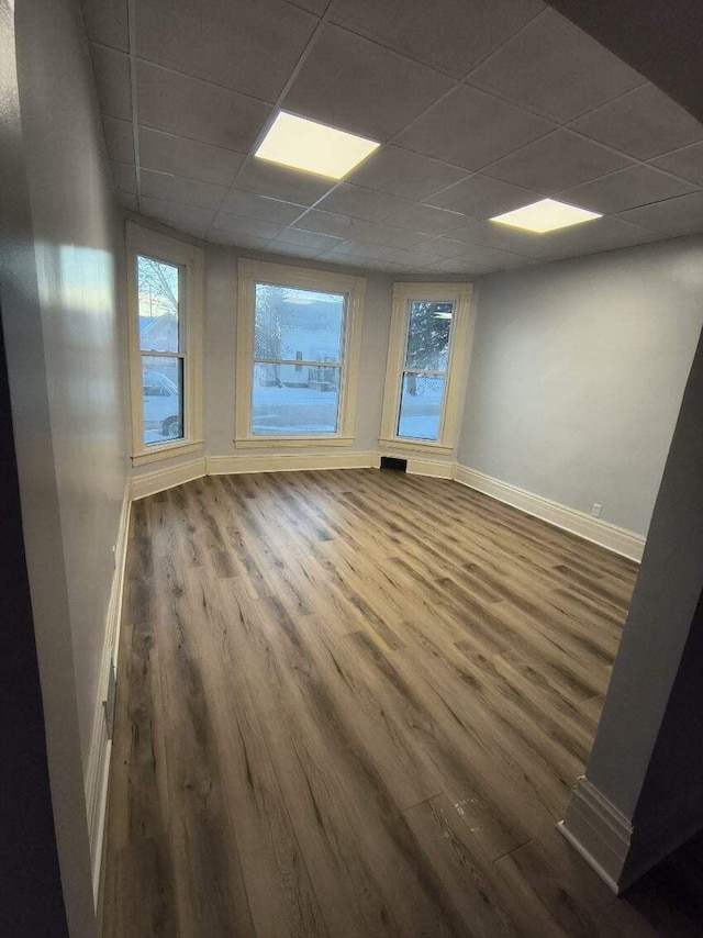 spare room featuring a paneled ceiling, baseboards, and wood finished floors